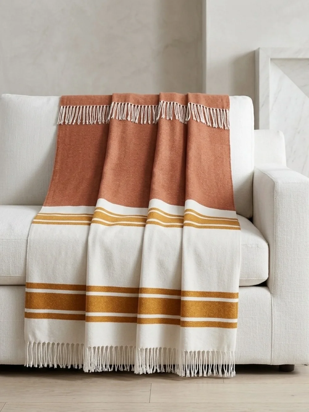 Nido Notte Italia Terracotta Mustard Boho Striped Fringe Throw Blanket